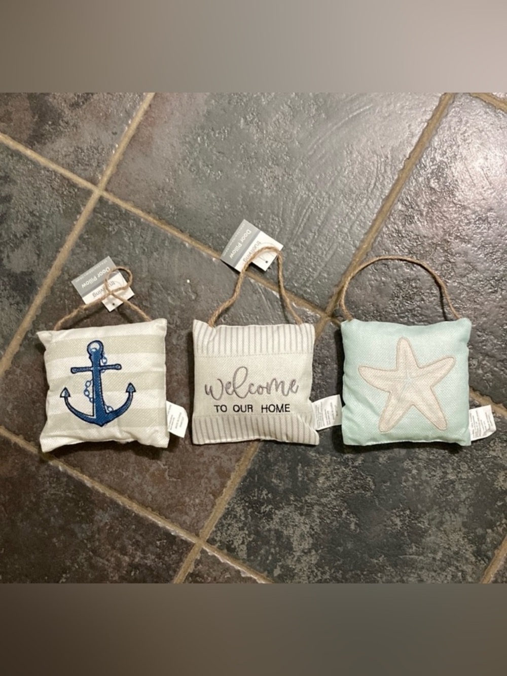 Nautical Anchor, Welcome & Starfish Hanging Door Pillow Trio - Neutral Blue